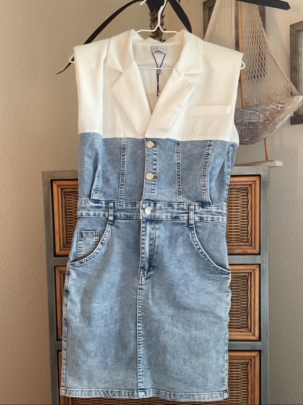 Sleeveless White and Light Blue Denim Colorblock Dress